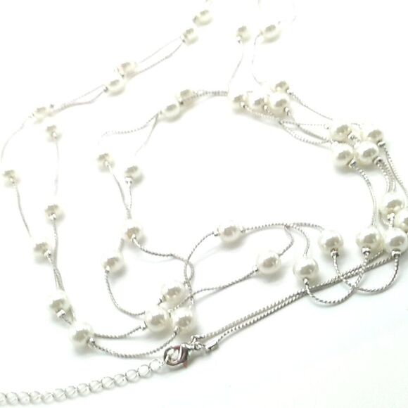 Delicate Tin Cup Faux Pearl Necklace Very Long Silver-tone Thin Chain 73 inches - Picture 10 of 14